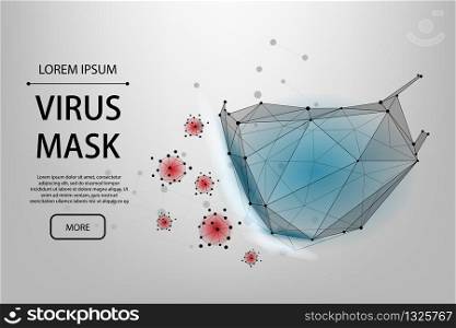 Abstract line and point protective face mask. Polygonal protection against viruses of coronavirus, bacteria, smog, COVID-19. Low poly vector illustraion of protection against the flu.