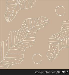 Abstract line art background. Simple outline vector graphic illustration with linear leaves shape. Elegant fashion poster print template. Pastel abstraction.