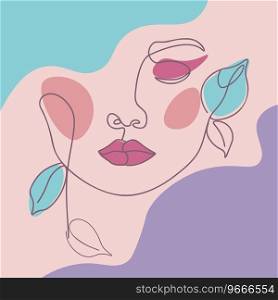 Abstract line art female face with leaves minimalistic illustration. 