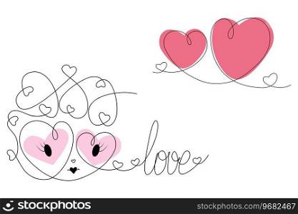 Abstract line art love character in one continuous line with lettering and hearts. Happy Valentines Day greetings concept. Isolate. EPS. Vector for poster, banner, brochure, cards, price, label or web