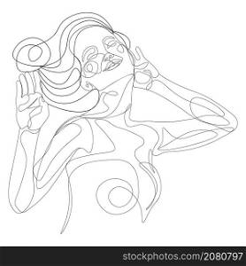 Abstract line art portrait of a woman smiles with closed eye illustration.