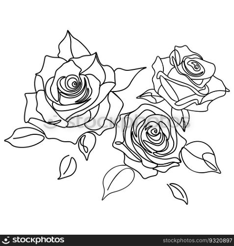 Abstract line art rose flowers with leaves minimalistic illustration.
