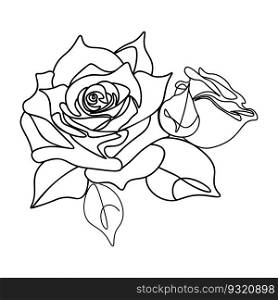 Abstract line art rose flowers with leaves minimalistic illustration. 