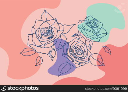 Abstract line art rose flowers with leaves minimalistic illustration. 