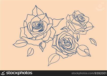 Abstract line art rose flowers with leaves minimalistic illustration. 