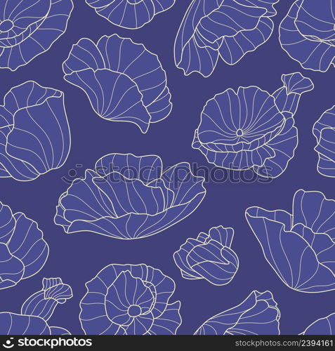 Abstract line lotos seamless pattern. Blue flowers, floral plants. Textile or fabric, decorative print for wrapping and wallpaper. Vintage vector background design. Illustration of seamless pattern. Abstract line lotos seamless pattern. Blue flowers, indigo floral plants. Textile or fabric, decorative print for wrapping and wallpaper. Vintage vector background design