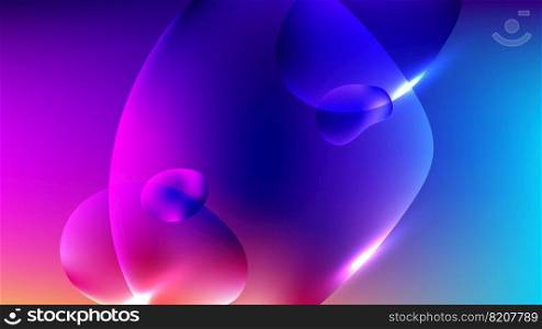 Abstract liquid bubbles vibrant gradient shapes on blue and pink background with lighting effect. Vector illustration