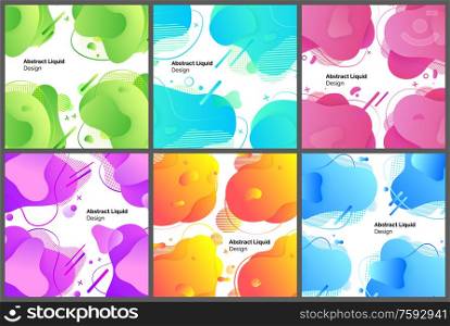 Abstract liquid design vector, shapes abstraction and decoration, background for banners and webpages. Blue and green art with forms and text sample. Abstract Liquid Design Set of Posters Template