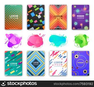 Abstract liquid shapes vector, isolated covers and pages with different colorful shapes. Lines and geometric patterns. Templates with creative ideas. Abstract Liquid Shapes Design of Covers Pages Set