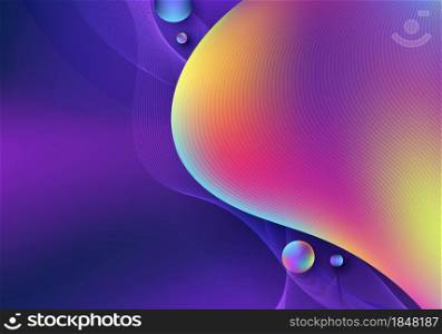 Abstract liquid vibrant gradient shape with circles and wavy lines on blue background. Vector illustration