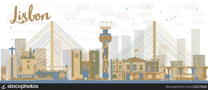 Abstract Lisbon city skyline with brown and blue buildings. Vector illustration