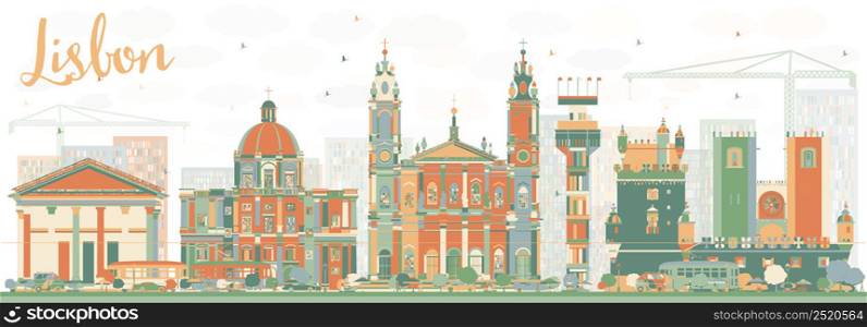Abstract Lisbon Skyline with Color Buildings. Vector Illustration. Business Travel and Tourism Concept with Historic Buildings. Image for Presentation Banner Placard and Web Site.