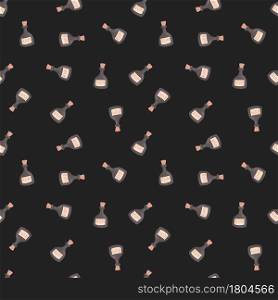 Abstract little rum bottles seamless pattern with random alcohol print. Dark background. Drink backdrop. Designed for fabric design, textile print, wrapping, cover. Vector illustration.. Abstract little rum bottles seamless pattern with random alcohol print. Dark background. Drink backdrop.