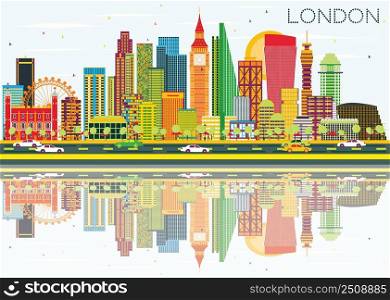 Abstract London Skyline with Color Buildings and Reflections. Business Travel and Tourism Concept with Modern Buildings. Image for Presentation Banner Placard and Web Site.