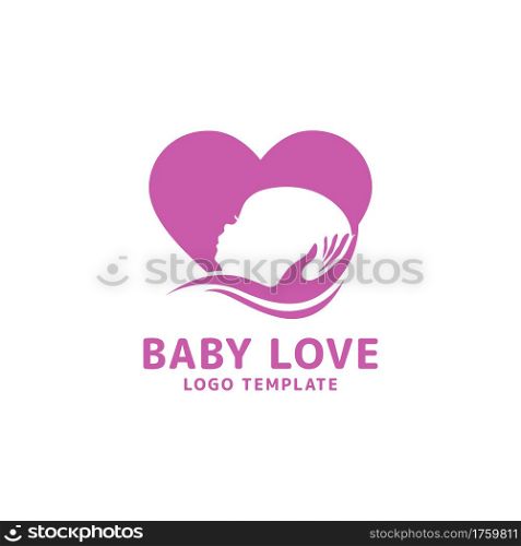Abstract Love Symbol Combined with Baby Face and Handy Care Silhouette Logo Design. Graphic Design Element.