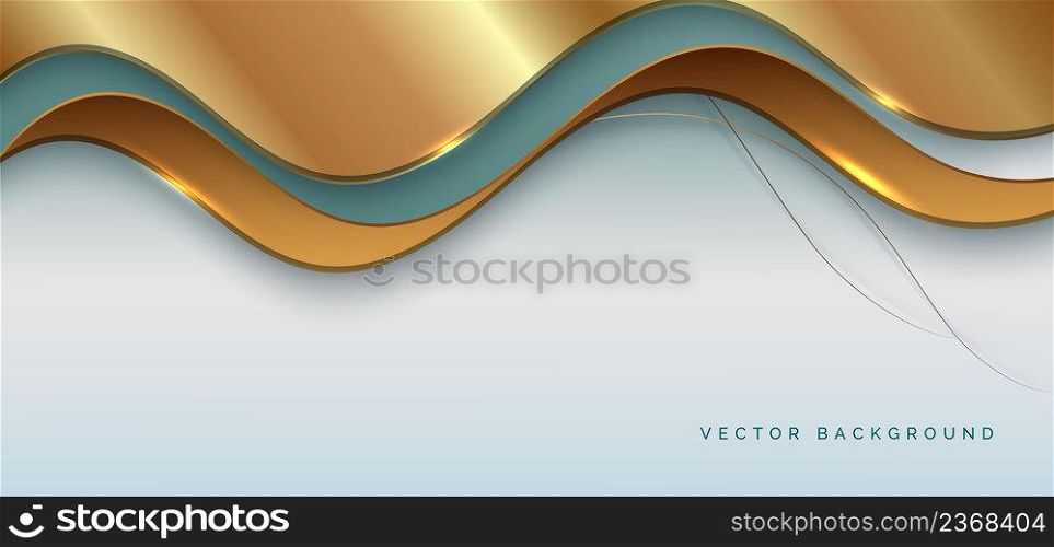 Abstract luxury 3d background gold elegant line on wave shape overlapping on soft green background with copy space for text. Vector illustration