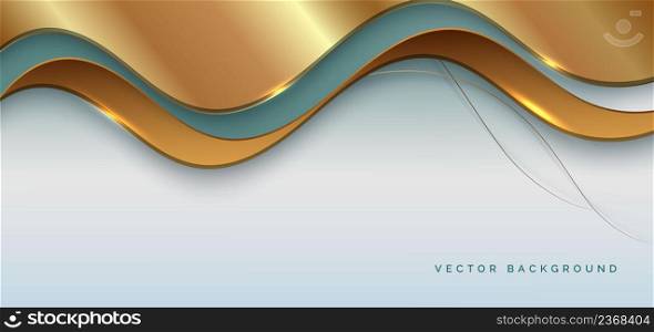 Abstract luxury 3d background gold elegant line on wave shape overlapping on soft green background with copy space for text. Vector illustration