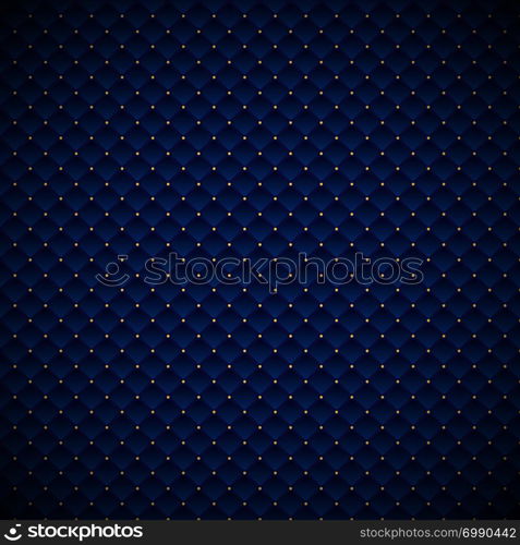 Abstract luxury blue geometric squares pattern design with golden dots on dark background. Luxurious texture. carbon metallic surface. Vector illustration