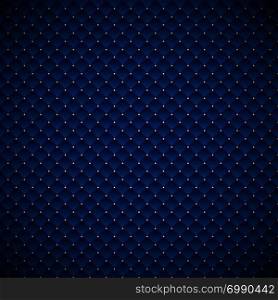 Abstract luxury blue geometric squares pattern design with golden dots on dark background. Luxurious texture. carbon metallic surface. Vector illustration