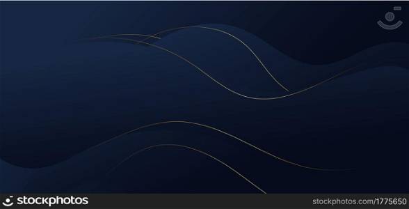 Abstract luxury blue wave shape with gold stripes lines on dark blue background. Vector illustration