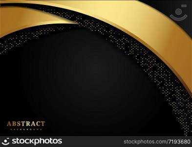 Abstract luxury curves overlapping on black background with glitter and golden lines with copy space for text. Vector illustration