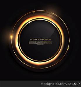 Abstract luxury gold circle lines frame on black background and glowing ligthting effect. Vector illustration