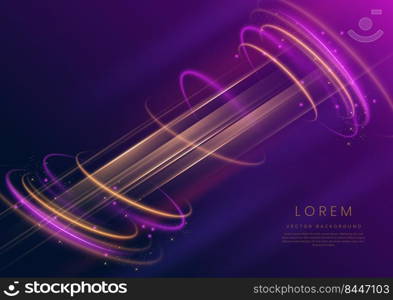 Abstract luxury golden lines curved overlapping on dark blue and purple background with lighting effect spakle. Template premium award ceremony design. Vector illustration