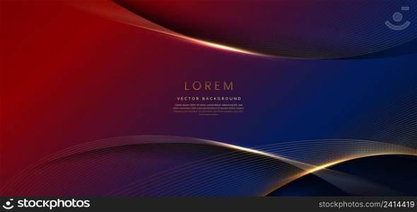 Abstract luxury golden lines curved overlapping on red and dark blue background. Template premium award design. Vector illustration