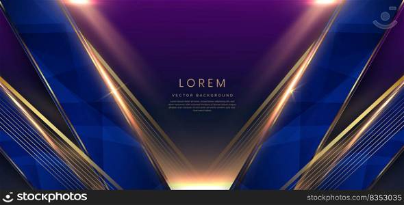 Abstract luxury golden lines diagonal overlapping on dark blue background with lighting effect. Template premium award design. Vector illustration