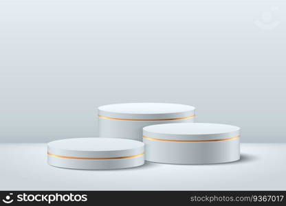 Abstract luxury round display for product on website in modern. Futuristic background rendering with podium and minimal white and gold texture wall scene, 3d geometric shape silver color. Vector EPS