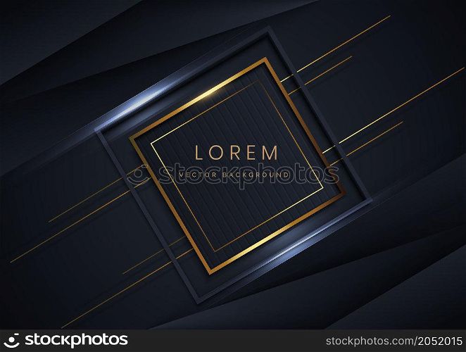 Abstract luxury shiny dark blue background with lines golden glowing. Square frame luxury. Vector illustration