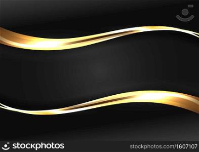 Abstract luxury template gold wave line with lighting effect on black background. Vector illustration