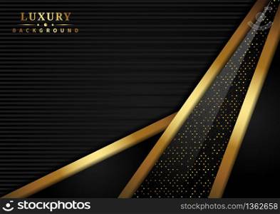 Abstract luxury triangle overlapping layer on black background with glitter and golden lines glowing dots golden combinations with copy space for text. Vector illustration