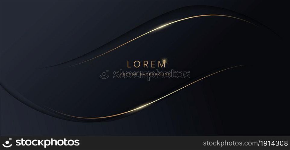 Abstract luxury wave shape with gold stripes lines on dark blue background. Vector illustration