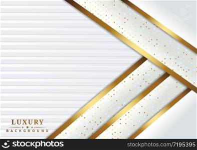 Abstract luxury white overlapping layer on white background with glitter and golden lines glowing dots golden combinations with copy space for text. Vector illustration