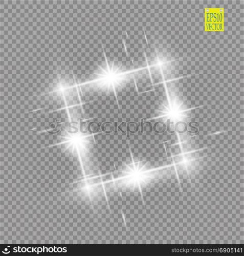 Abstract luxury white vector light flare spark light effect. Sparkling glowing square frame on transparent. Starlight moving background. Glow blurred space for message or logo.. Abstract luxury white vector light flare spark light effect. Sparkling glowing square frame on transparent. Starlight moving background. Glow blurred space for message or logo. Vector illustration
