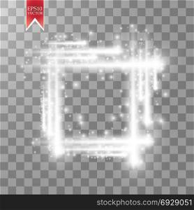 Abstract luxury white vector light flare spark light effect. Sparkling glowing square frame on transparent. Starlight moving background. Glow blurred space for message or logo.. Abstract luxury white vector light flare spark light effect. Sparkling glowing square frame on transparent. Starlight moving background. Glow blurred space for message or logo. Vector illustration