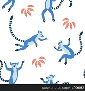 Abstract Madagascan lemurs with long striped tails. Multicolor vector seamless pattern. Exotic animals on the white textured background. Exotic Madagascan lemurs with long striped tails. Hand drawn vector seamless pattern
