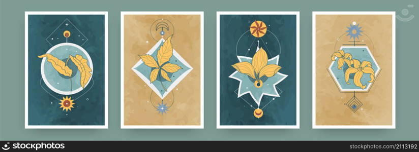 Abstract magic posters. Minimalistic geometric banners with thin line botanical elements and mystic astrology symbols. Vector vintage image art supernatural decor. Abstract magic posters. Minimalistic geometric banners with thin line botanical elements and mystic astrology symbols. Vector vintage boho placards