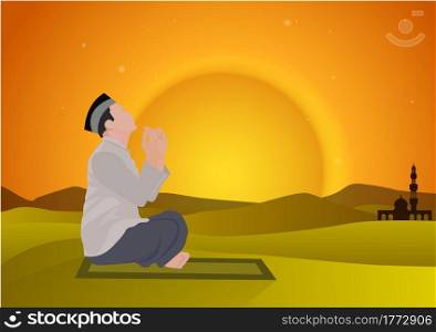 abstract man praying with sunset background vector