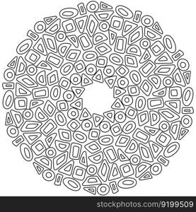 Abstract mandala from simple geometric shapes with rounded corners, coloring book page or linear shapes, vector outline illustration for design and creativity