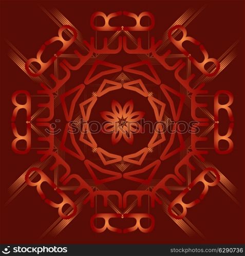 Abstract mandala on deep red background with gradients.