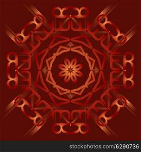 Abstract mandala on deep red background with gradients.