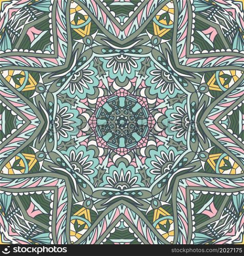 Abstract Mandala vintage indian textile ethnic seamless pattern ornamental. Vector medallion folk art style design in pastel colors. Abstract victorian style ornamental textile design. Ethnic seamless pattern. Vector vintage art background.