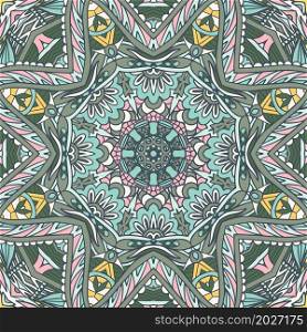 Abstract Mandala vintage indian textile ethnic seamless pattern ornamental. Vector medallion folk art style design in pastel colors. Abstract victorian style ornamental textile design. Ethnic seamless pattern. Vector vintage art background.