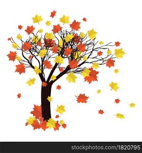 Abstract maple tree with falling autumn leaves on white background.
