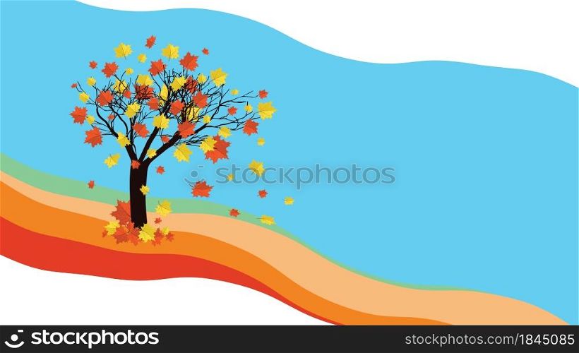Abstract maple tree with falling autumn leaves over blue sky background.