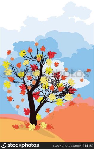 Abstract maple tree with falling autumn leaves over blue sky background.