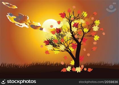 Abstract maple tree with falling autumn leaves over sunset sky background.