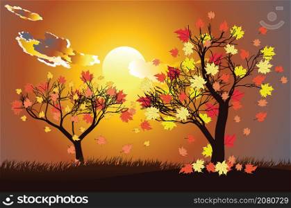 Abstract maple tree with falling autumn leaves over sunset sky background.